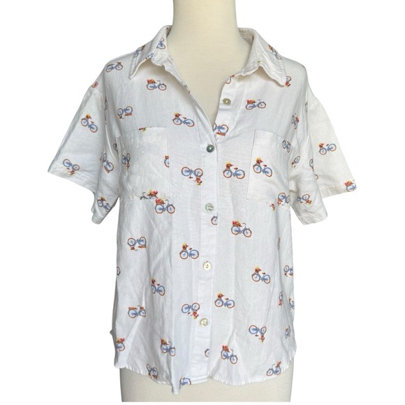 Rae Dunn Tops - Rae Dunn Bicycle Print Button Down Shirt Women's Large White Linen Blend Top